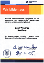 Würdigung des Engagements bei der Ausbildung  für das Ausbildungsjahr 2010/2011